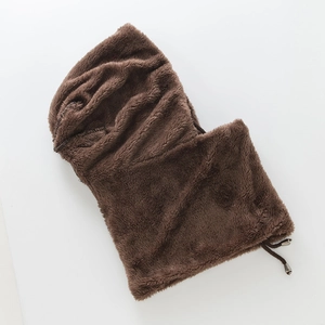 Detail of soft fleece lining and adjustable drawstring on winter thermal hood hat