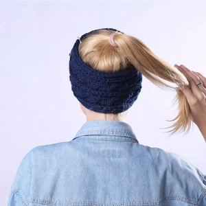 Navy blue cable knit headband with wooden button detail shown on model back view