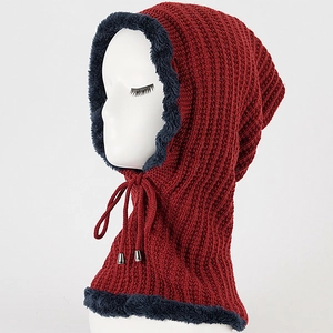 Detail of burgundy knitted hooded neck warmer with thick fleece lining and adjustable drawstrings