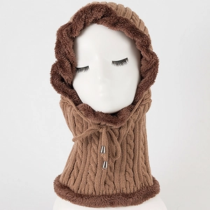 Detailed view of brown knit balaclava with warm fleece lining and adjustable drawstrings