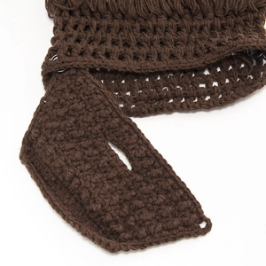 Handmade brown knit wig hat with beard, fringe tassels and button closure detail