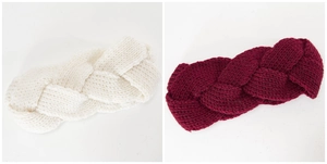 Close-up of thick cable knit texture on cream and burgundy winter headbands