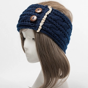 Detail of dark blue cable knit headband with lace edges and two brown wooden buttons