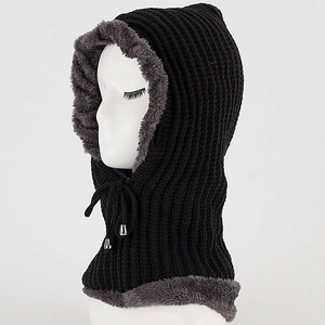 Close-up of knitted balaclava showing thick grey plush lining and adjustable metal drawstring
