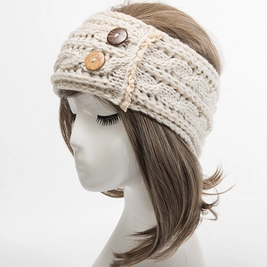 Detail of cable knit headband in cream with decorative wooden buttons and lace trim