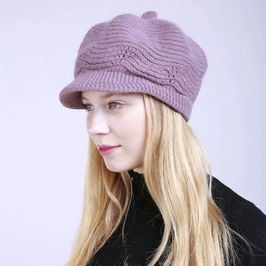 Women Winter Warm Knitted Visor Beanie Hat Thick Thermal Newsboy Cap With Faux Rabbit Hair Fleece Lined Ribbed Knit Hat