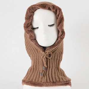 Close-up of brown knitted balaclava with warm fleece lining and adjustable drawstrings