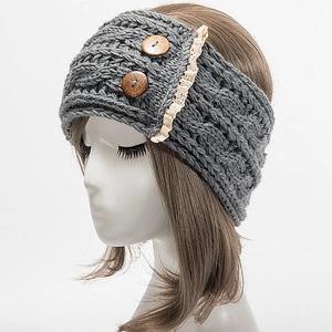 Detail showing dark grey chunky knit headband with wooden buttons and white lace trim