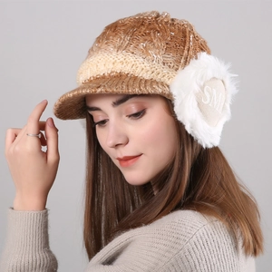 Winter gradient knitted earflap hat for women with visor and faux fur pom-poms