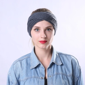 Close-up of dark grey chunky knit headband with crisscross knot and striped pattern