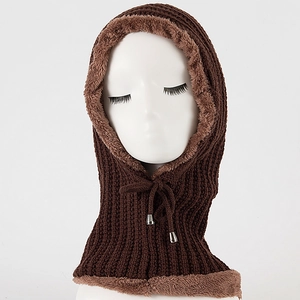 Close-up of knit hooded scarf with warm faux fur lining and adjustable drawstrings