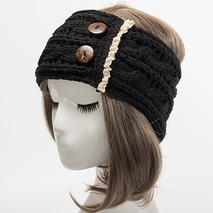 Close-up of black cable knit headband featuring brown buttons and cream lace trim detail