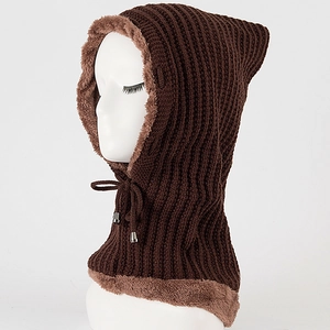 Close-up of brown knitted balaclava with faux fur lining and silver drawstring toggles