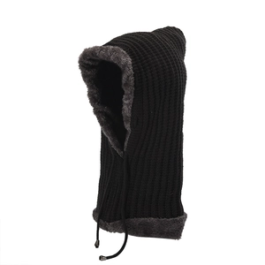 Detail of black knitted balaclava with thick gray faux fur lining and adjustable drawstring