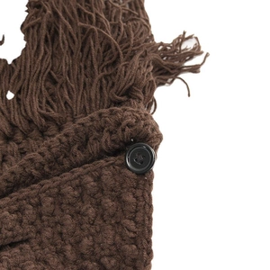 Handmade brown knit wig hat with beard detail and black button for Halloween costume