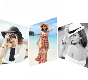Collage di cappelli di paglia da donna in bianco e nero per spiaggia e viaggi