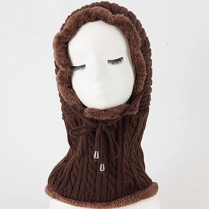 Detail of dark brown cable knit hood with thick fleece lining and metal cord stoppers