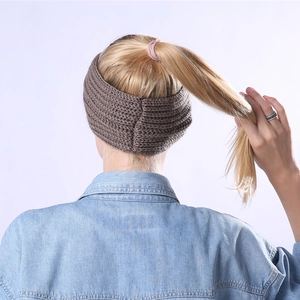 Detailed knit texture and back view of brown striped winter headband ear warmer