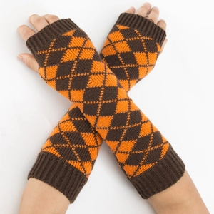 Mitaines longues en tricot avec motif losanges orange et poignets côtelés pour l'hiver
