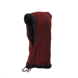 Close-up of burgundy knit balaclava with warm thick fleece lining and drawstring detail