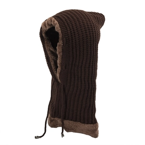 Detail of dark brown knitted balaclava showing thick faux fur lining and drawstring toggle