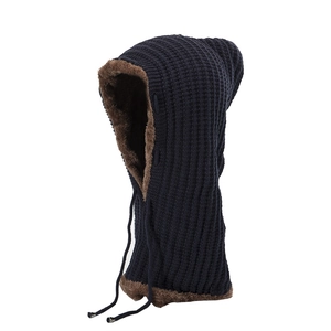 Detail of navy knit hood featuring thick thermal fleece lining and metal tip drawstrings