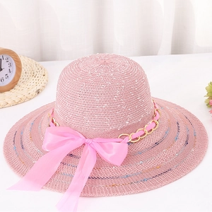 Chapeau de Paille à Large Bord pour Femmes Avec Chaîne Dorée Et Nœud en Satin Pliable Chapeau de Plage Solaire