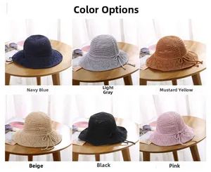 Color options of hollow knit sun hats in navy, grey, yellow, beige, black, and pink
