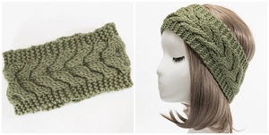 Detalle de la diadema de punto verde hierba con trenzado de lana gruesa y vista en modelo