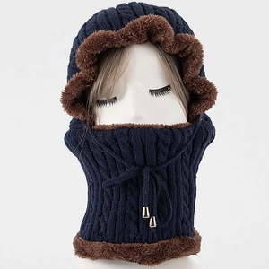 Detail of navy knit balaclava with warm thick faux fur lining and adjustable drawstring