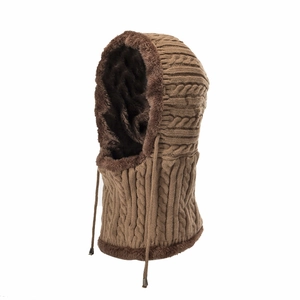 Detail of warm cable knit hoodie with thick plush faux fur lining and drawstring