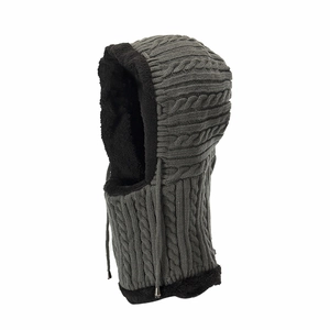 Detailed view of heavy cable knit texture and thick plush fleece lining on gray hood