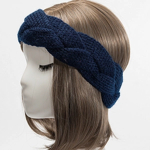 Close-up of dark blue knit headband showing chunky cable knit texture and warm yarn