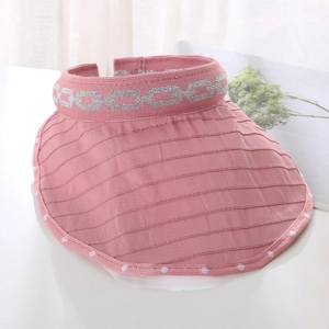 Detail of pink knitted sun visor with silver chain trim and white dotted edge