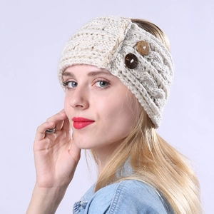 Chunky cable knit winter headband with two decorative wooden buttons for women in beige