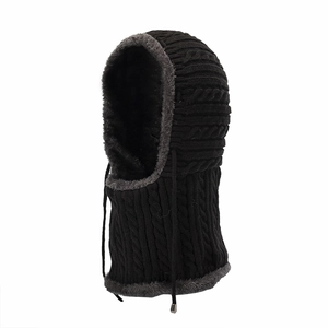 Detail of black cable knit balaclava showing thick grey plush lining and adjustable drawstrings