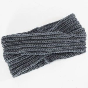 Detailed close-up of dark grey thick knit headband with twisted knot design and soft texture