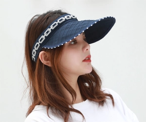 Detail of navy sun visor featuring white polka dot trim and stylish silver chain pattern