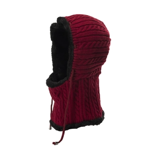 Detail view of burgundy knitted balaclava showing thick cable knit and warm fleece lining