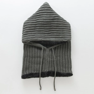 Detail of dark grey knitted balaclava with warm fleece lining and adjustable drawstrings