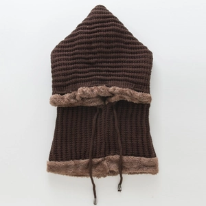 Close-up of thick knit hooded scarf with warm faux fur lining and drawstring toggle