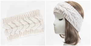 Detalle de punto trenzado en diadema de invierno gruesa color crema para mujer