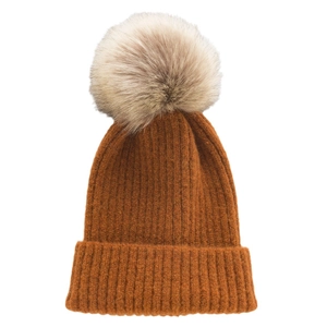 Winter gebreide muts van cashmere mix met grote imitatiebont pompon in karamel oranje