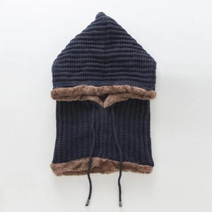 Detail of navy knit hooded scarf with thick faux fur lining and drawstring accents