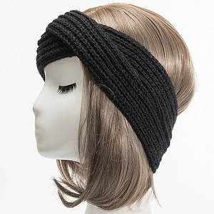 Close-up of black twist knit headband showing ribbed texture and warm yarn detail