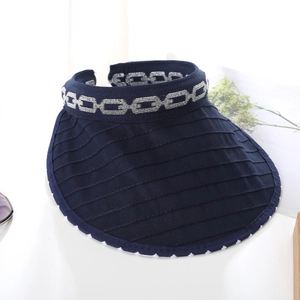 Detail of dark blue sun visor showing woven texture and silver chain pattern on headband