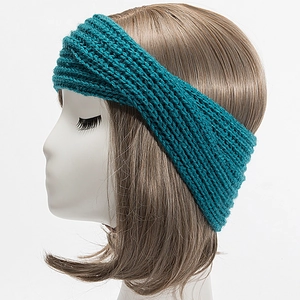 Peacock blue knitted headband with striped texture for winter warmth and ear protection