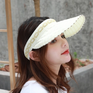 Close-up of beige sun visor featuring golden chain pattern and vertical textures
