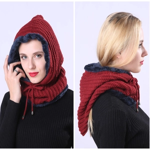 Unisex Winter Thickened Balaclava Hooded Scarf Striped Knit Hat With Faux Fur Lining Adjustable Drawstring Warm Outdoor Mask