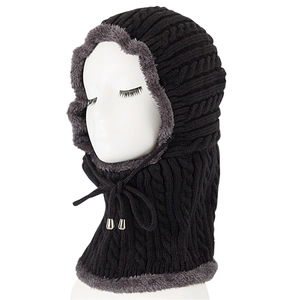 Black cable knit balaclava with grey fleece lining and adjustable drawstring cord